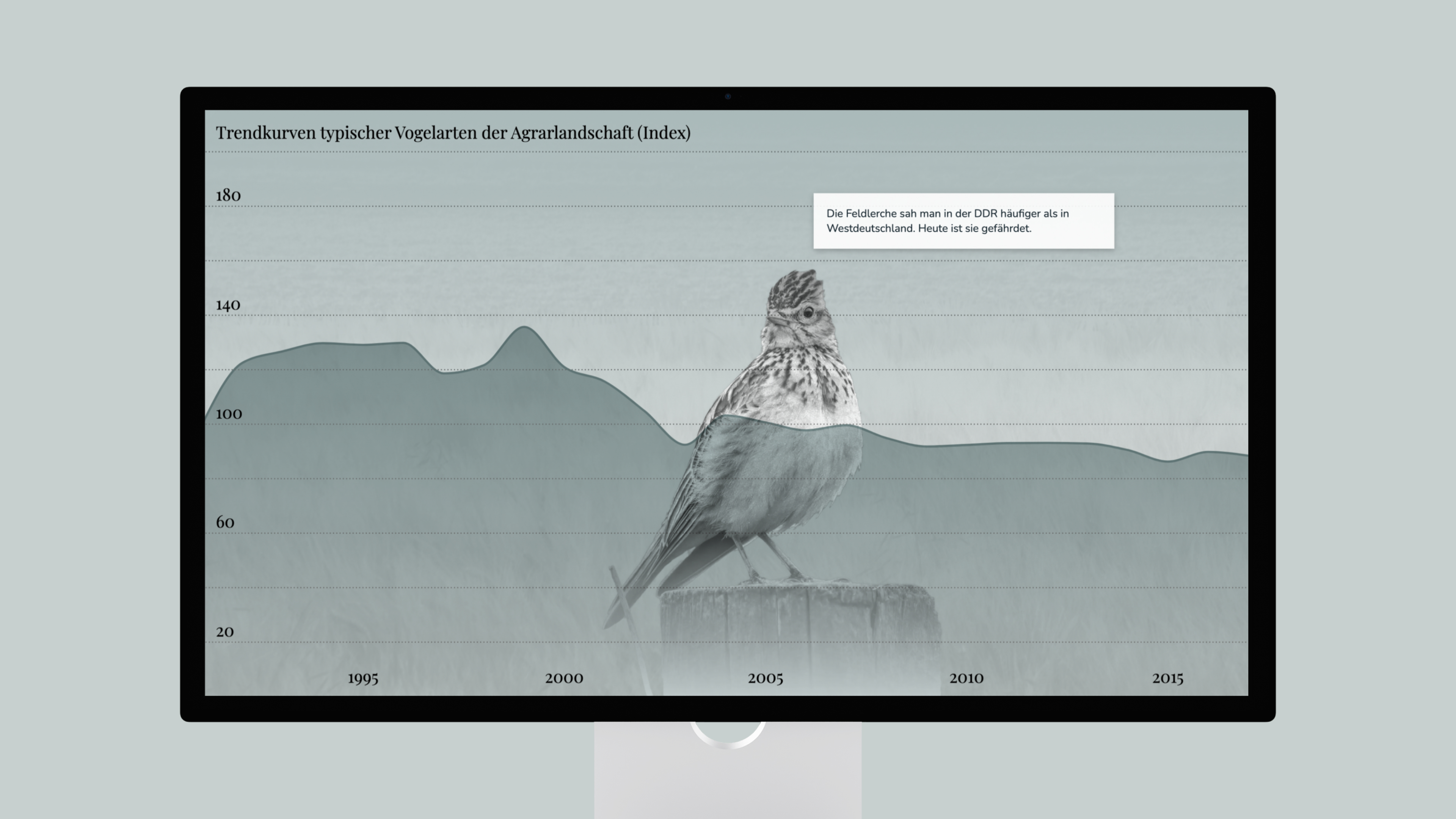 Informationsgrafik mit einer abfallenden Kurve, die das Bild eines Vogels überlagert, umrahmt von einem Computerbildschirm.